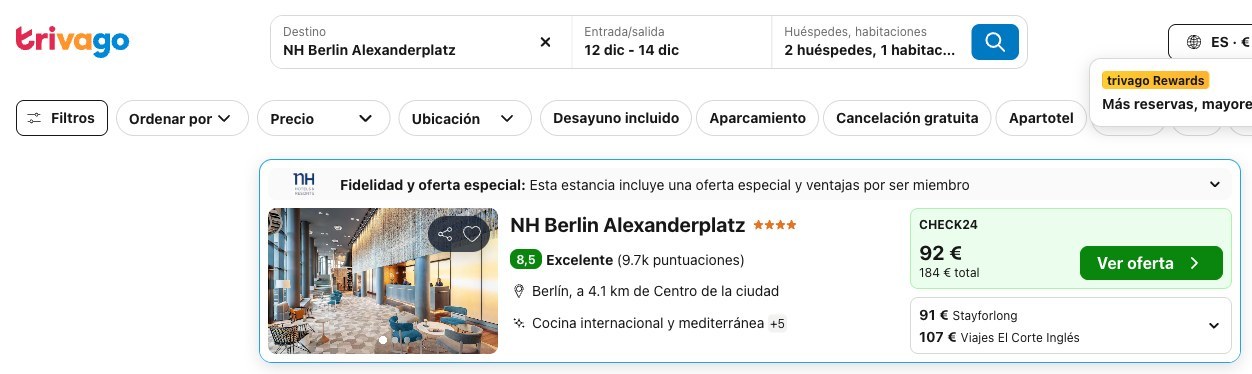 Vuelo y hotel en Berlín: precio del NH Berlin Alexanderplatz en Trivago, del 12 al 14 de diciembre