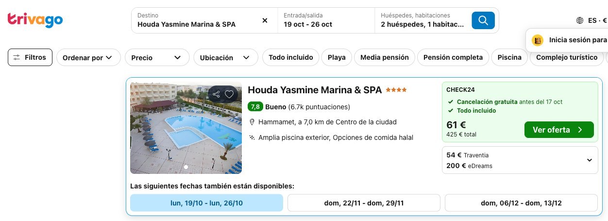 Vuelo y hotel en Túnez: precio del Houda Yasmine Marina & SPA en Trivago, del 19 al 26 de octubre
